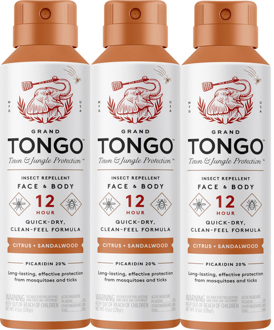 Grand Tongo Citrus and Sandalwood insect repellent bottle front for all-day outdoor protection.