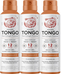 Grand Tongo Citrus and Sandalwood insect repellent bottle front for all-day outdoor protection.