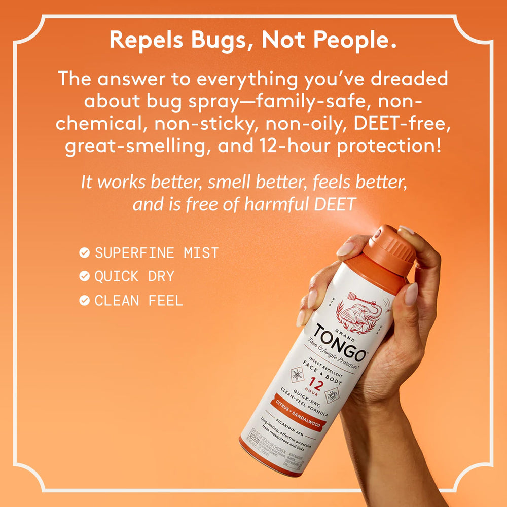 Grand Tongo Citrus and Sandalwood insect repellent packaging showcasing lightweight, non-greasy application.