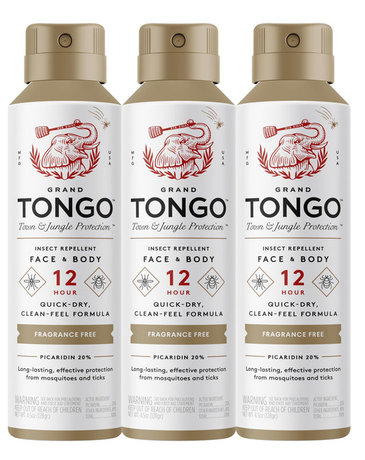 Grand Tongo fragrance-free insect repellent bottle shown for long-lasting outdoor protection.