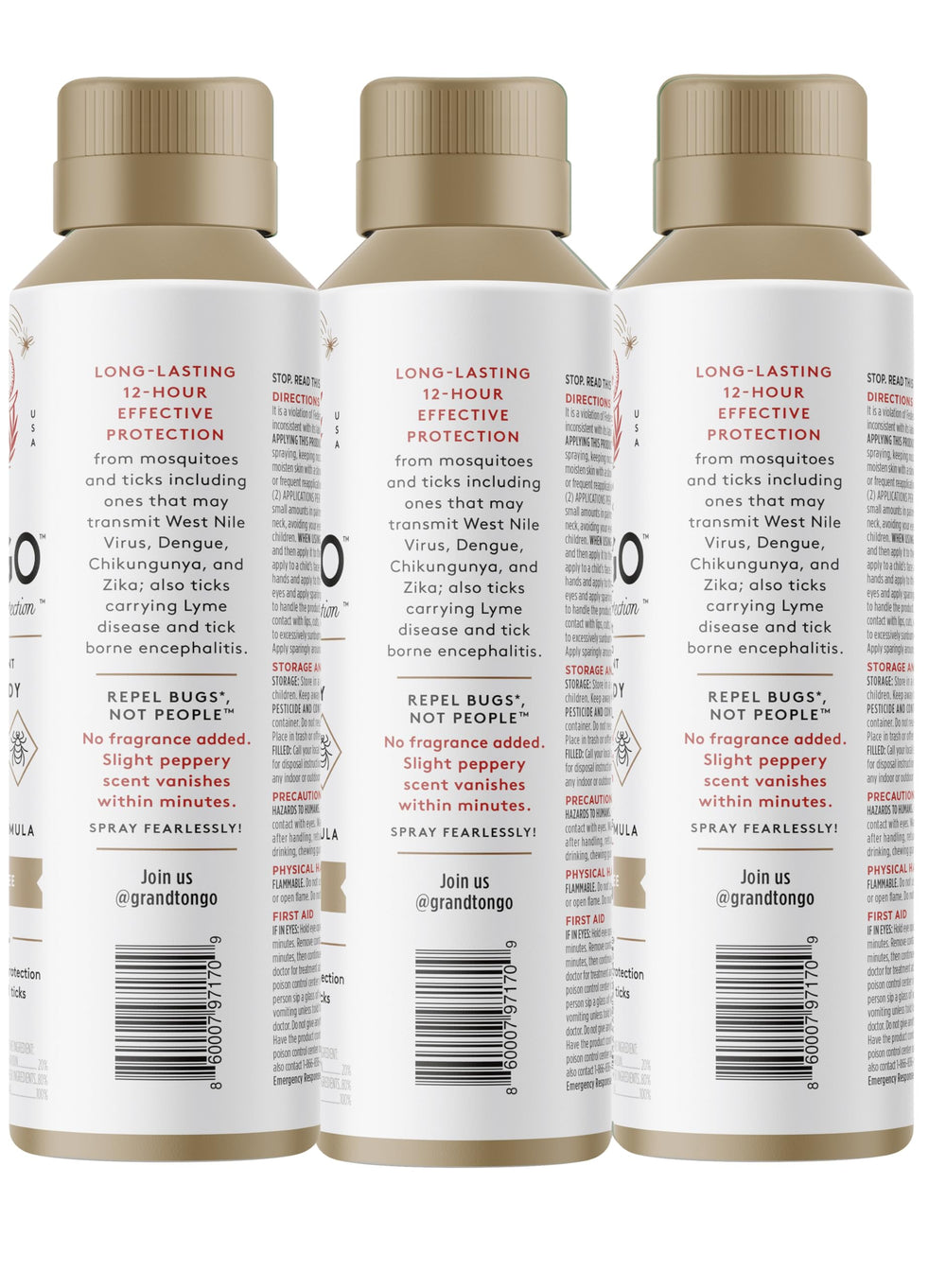 Grand Tongo fragrance-free insect repellent label emphasizes fragrance-free design.