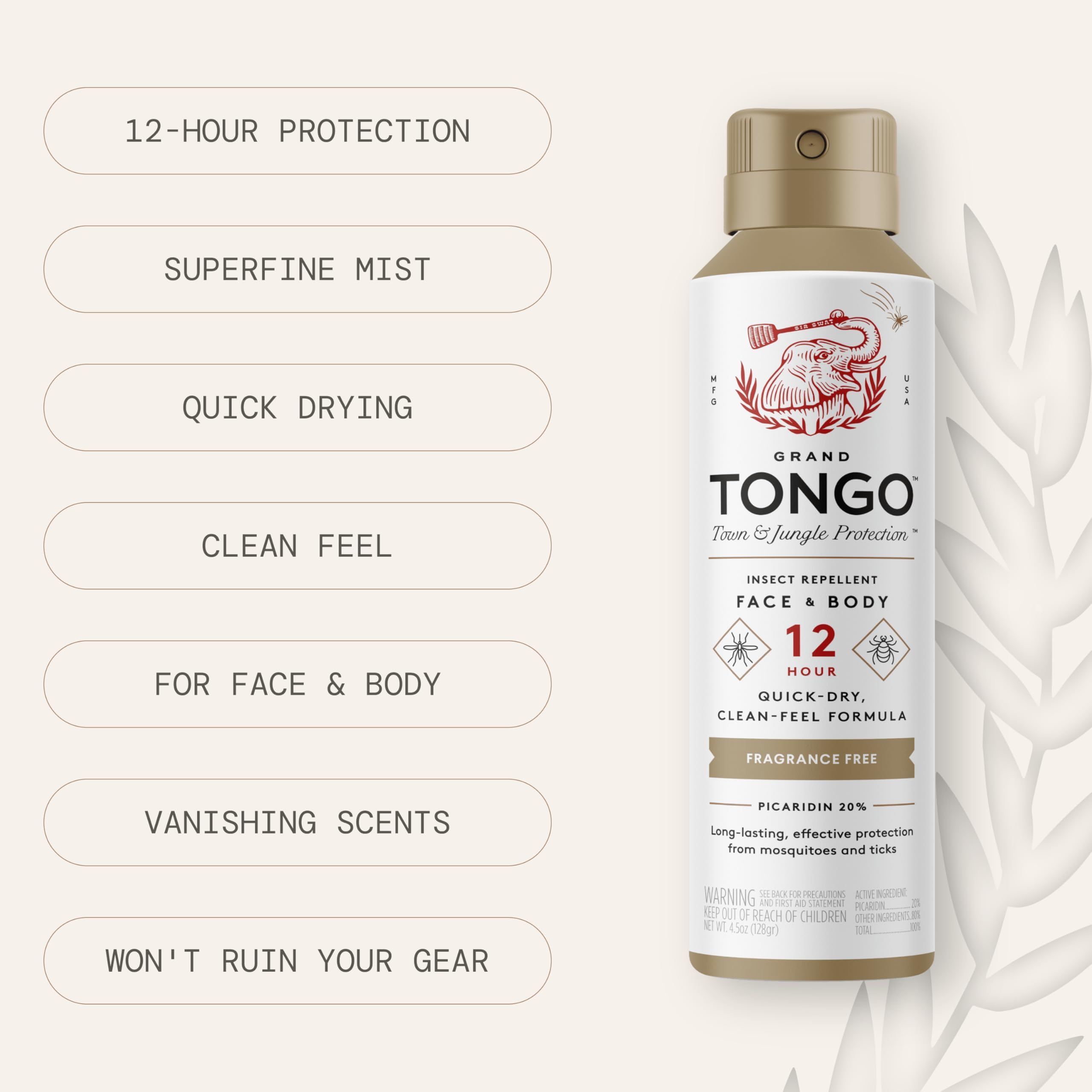 Grand Tongo fragrance-free insect repellent quick-drying formula on skin.
