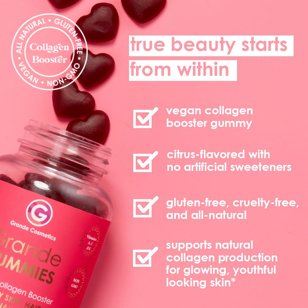 Grande Cosmetics gummies close-up with citrus flavor highlighting vitamin blend for hair and skin.