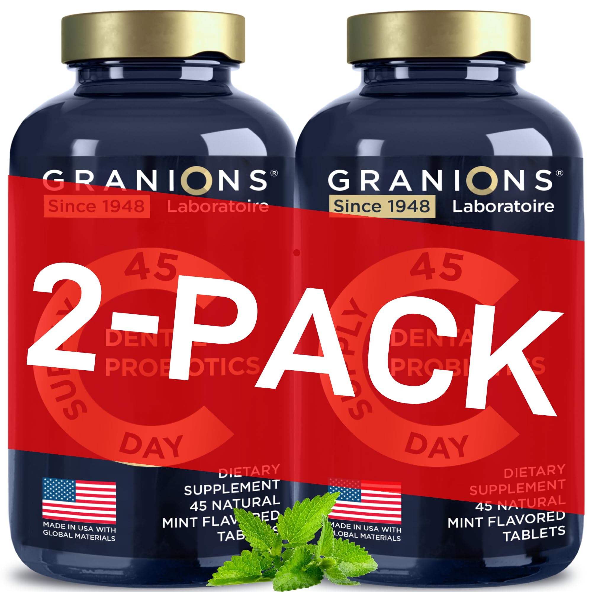 Granions Dental Probiotics bottle with mint tablets for fresh breath support.