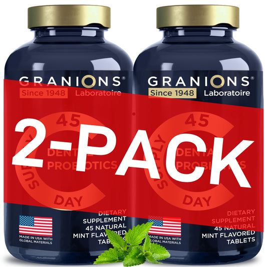 Granions Dental Probiotics bottle with mint tablets for fresh breath support.