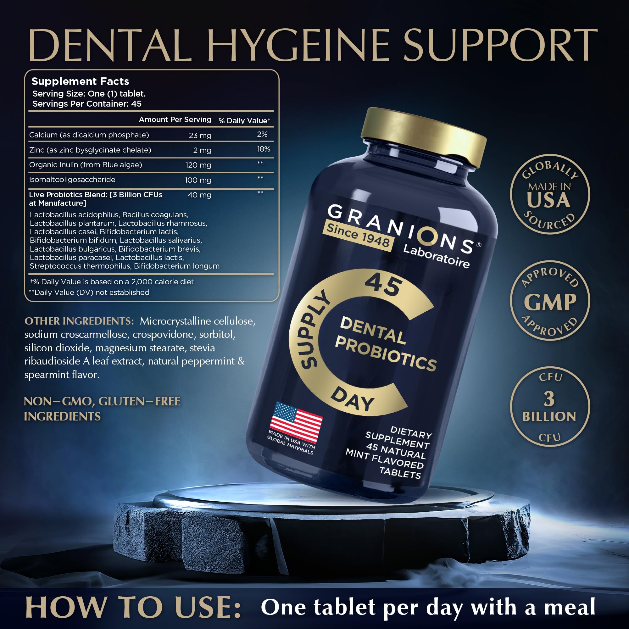 Infographic illustrating 3 billion CFU probiotic blend for teeth and gums.