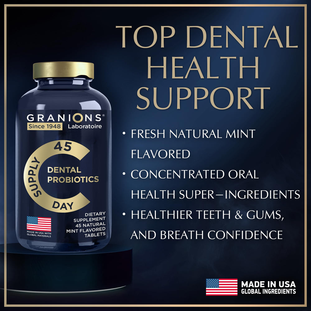 Granions dental probiotics packaging box with 90 mint tablets.