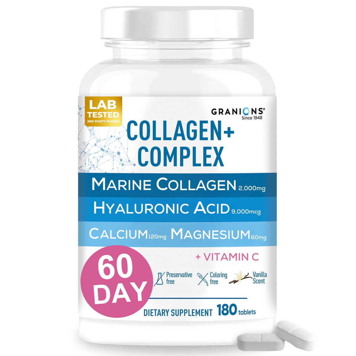 Granions Marine Collagen Pills bottle highlighting a complete formula for skin, hair, and nails.