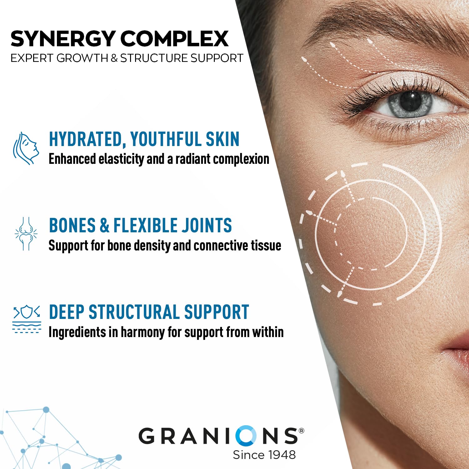 Granions Marine Collagen Pills packaging label emphasizes ingredients and wellness-oriented benefits.