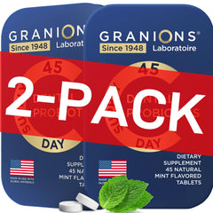 Granions Oral Probiotic Mints packaging shows 90 tablets for fresh breath.