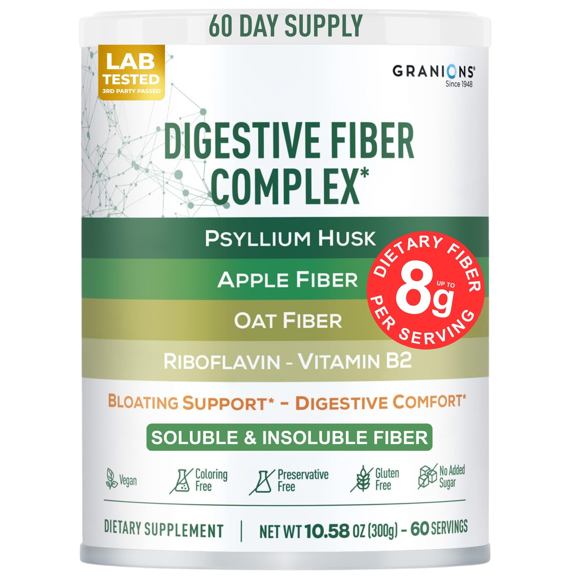 Granions Psyllium Husk Powder bottle showcasing vegan, sugar-free fiber for daily digestion.