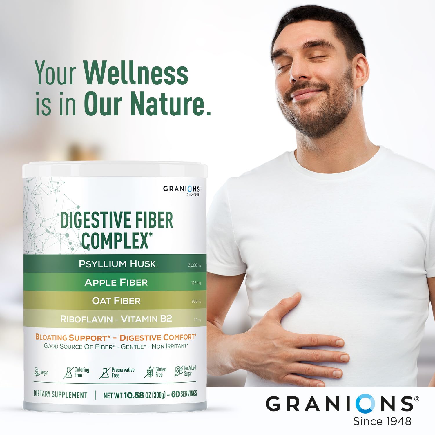 Granions Psyllium Husk Powder texture closeup highlights whole husk consistency.