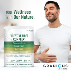 Granions Psyllium Husk Powder texture closeup highlights whole husk consistency.