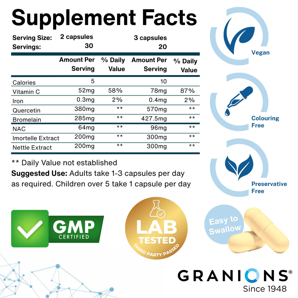 Granions seasonal comfort pills shown with pollen backdrop for seasonal balance.