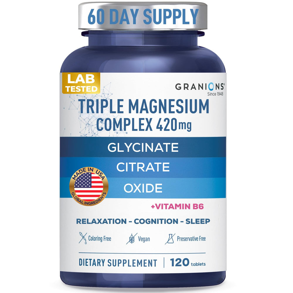 Granions Triple Magnesium Complex bottle front promoting daily wellness and balanced magnesium intake