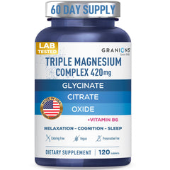Granions Triple Magnesium Complex bottle front promoting daily wellness and balanced magnesium intake