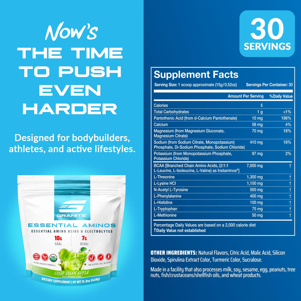 Granite Essential Amino Acids BCAAs intra-workout image highlights rapid energy and recovery.