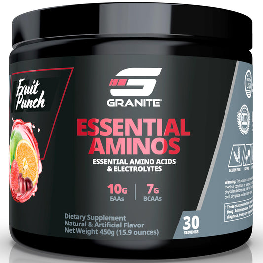 Granite Essential Amino Acids bottle pour supports post-workout recovery and hydration.