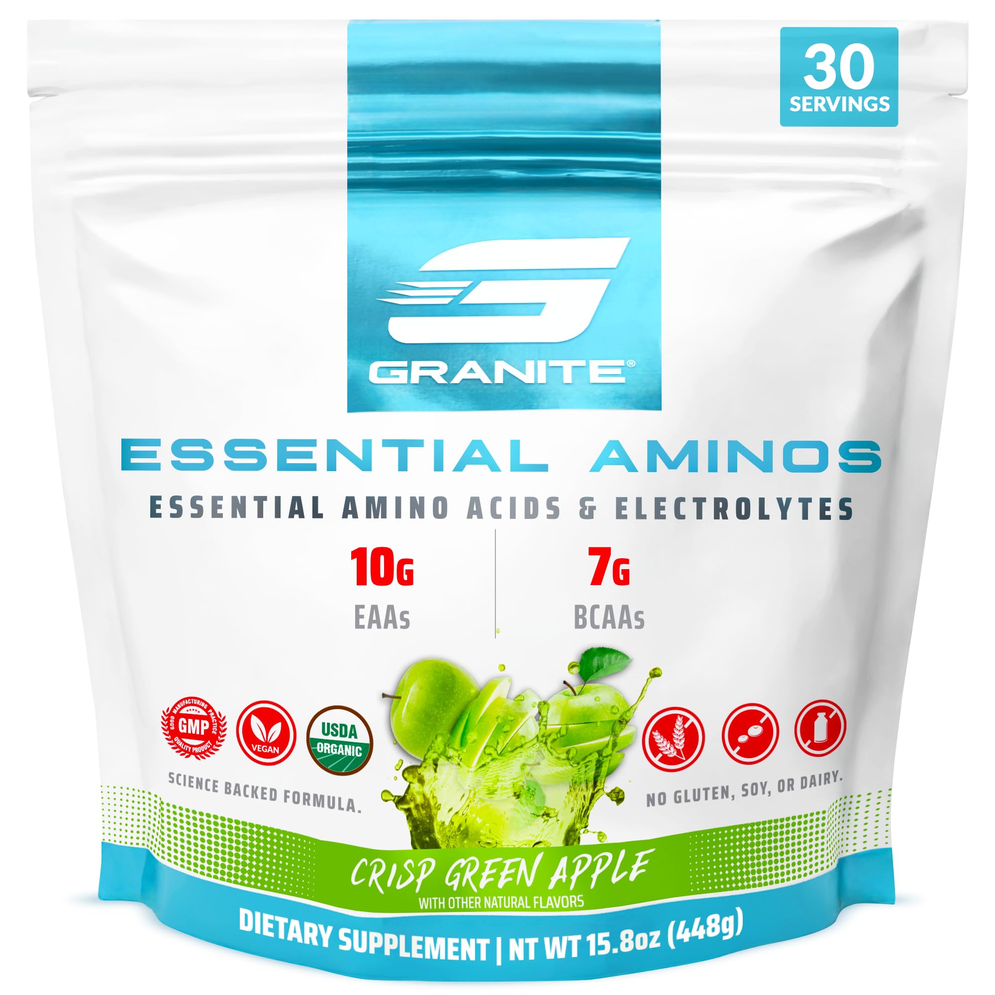 Granite Essential Amino Acids Powder green apple powder for post-workout recovery and energy.
