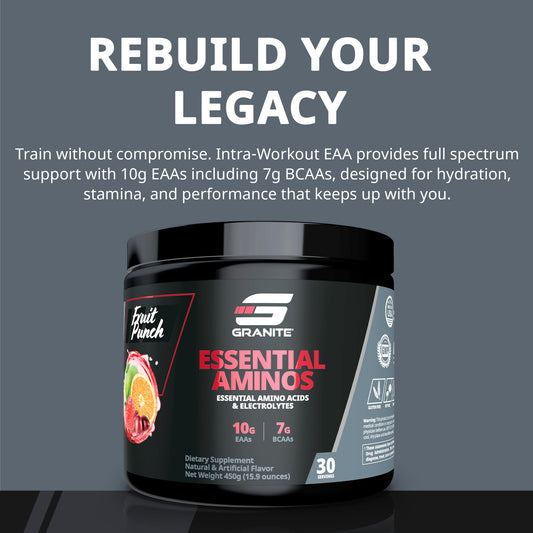 Granite Essential Amino Acids powder scoop highlights convenient serving for muscle support.