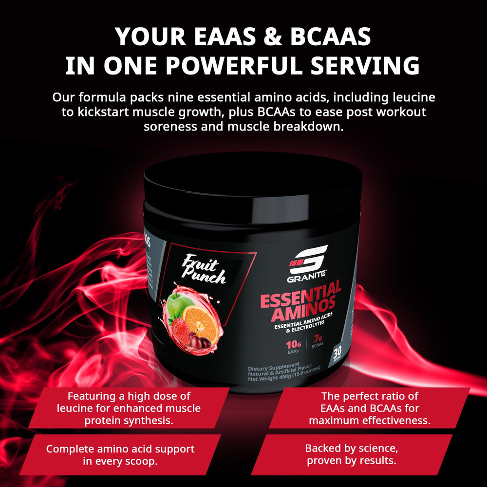 Granite Essential Amino Acids serving size chart highlights practical dosing for consistency.
