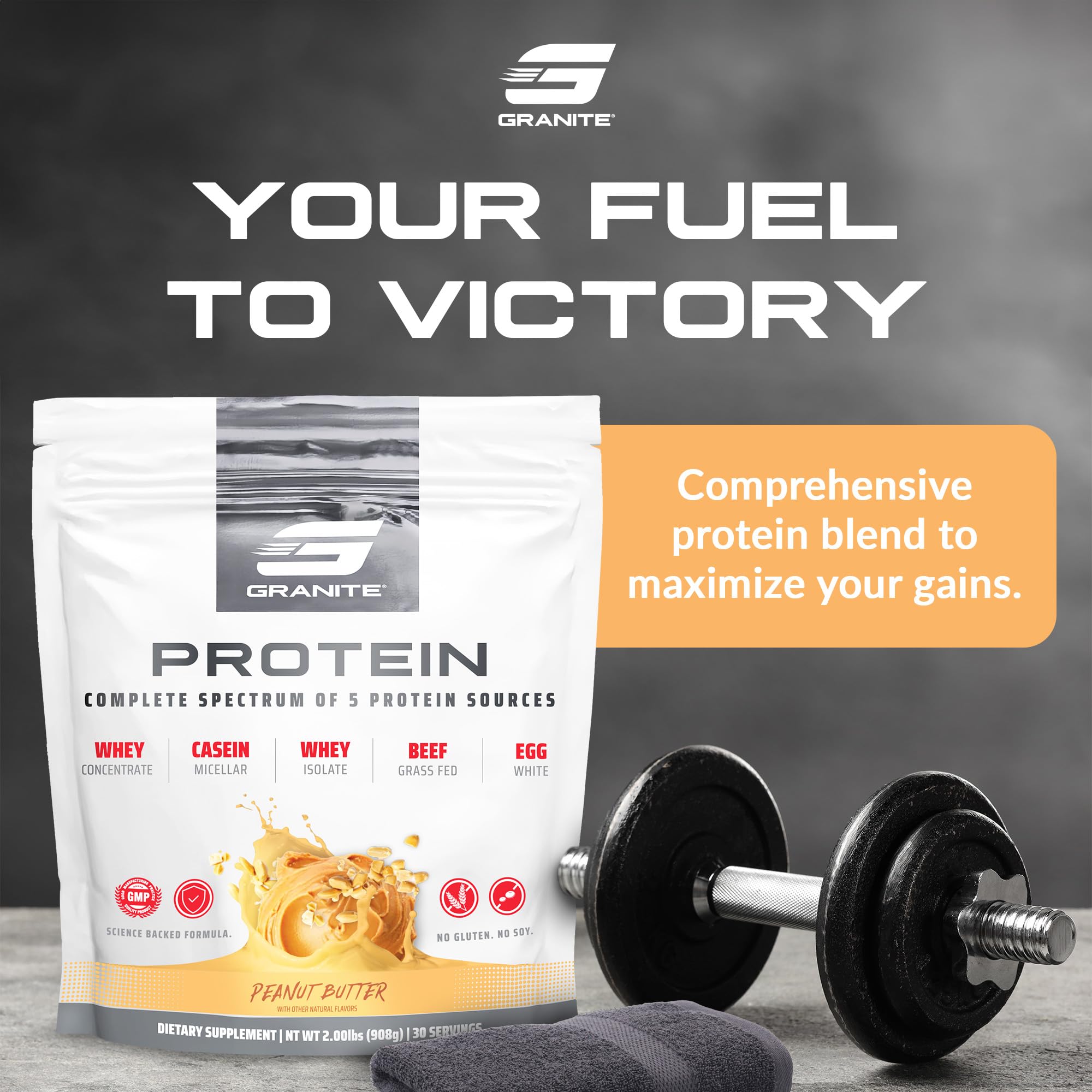 Granite Nutrition protein powder label closeup reveals five-source formula.