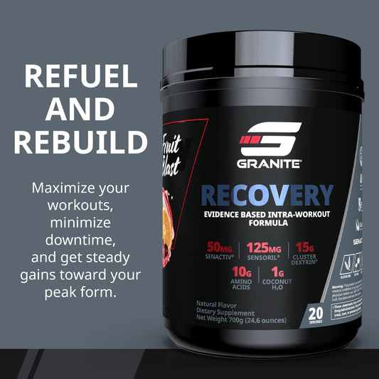 Granite Nutrition Recovery Fruit Blast powder being poured for easy shake preparation