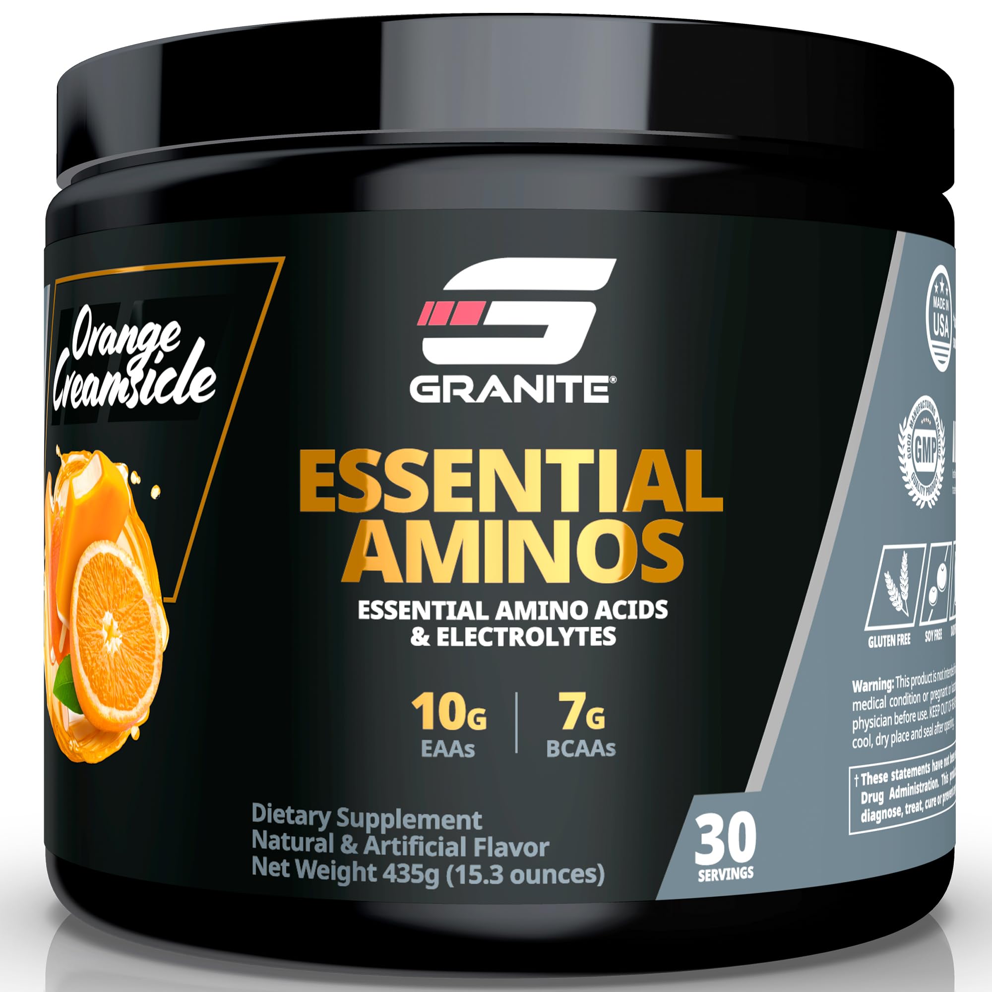 Granite Essentials EAAs powder tub in orange creamsicle flavor for post-workout recovery