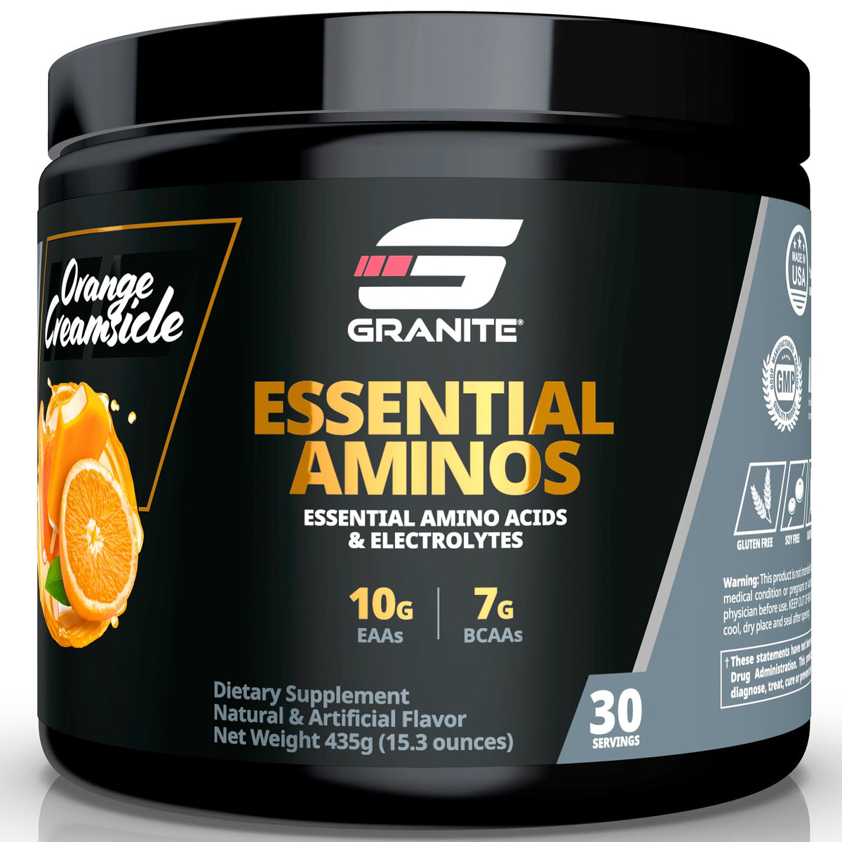 Granite Essentials EAAs powder tub in orange creamsicle flavor for post-workout recovery