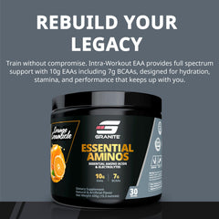 Close-up of Granite Essentials EAAs tub highlighting ingredients for lean muscle support