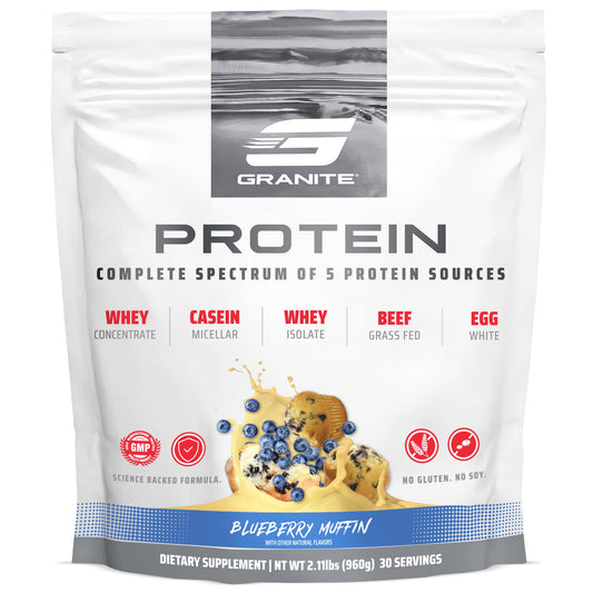 Granite Nutrition protein powder bottle in Blueberry Muffin flavor supports lean muscle