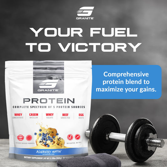 Granite Nutrition protein powder scoop highlights multi-source protein blend for steady amino acids
