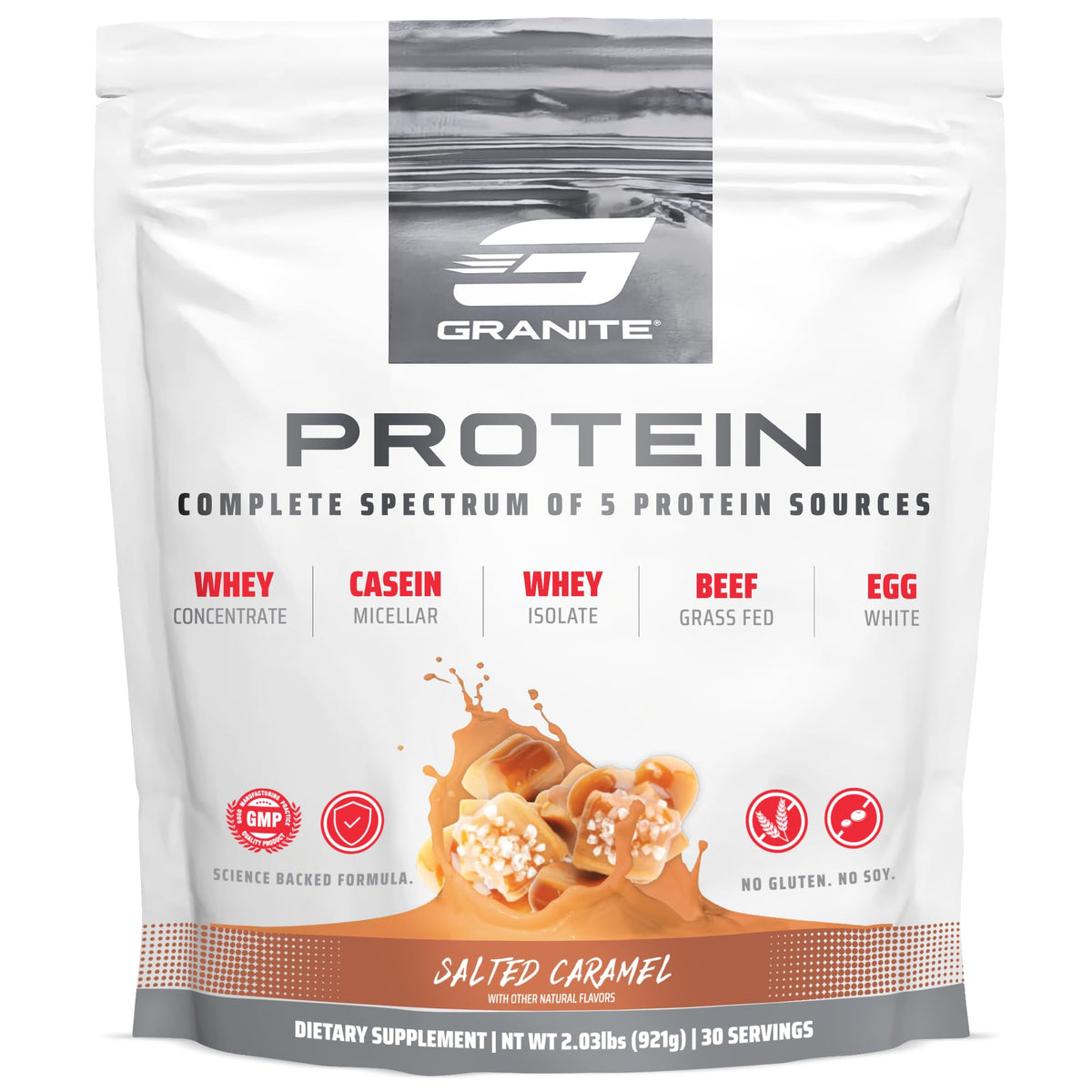 Granite Nutrition protein powder jar in salted caramel flavor supports lean muscle and recovery.