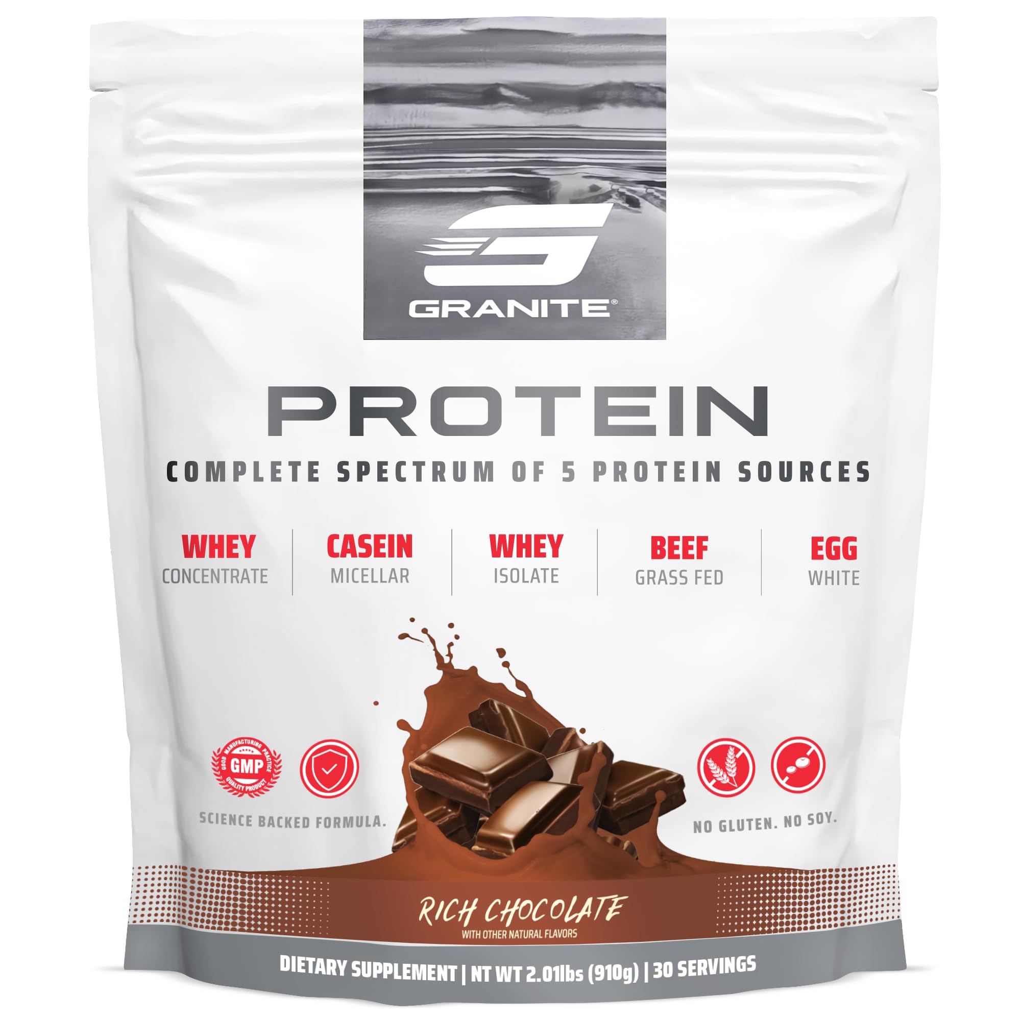 Granite Supplements protein powder front view shows premium multi-source blend for lean muscle.