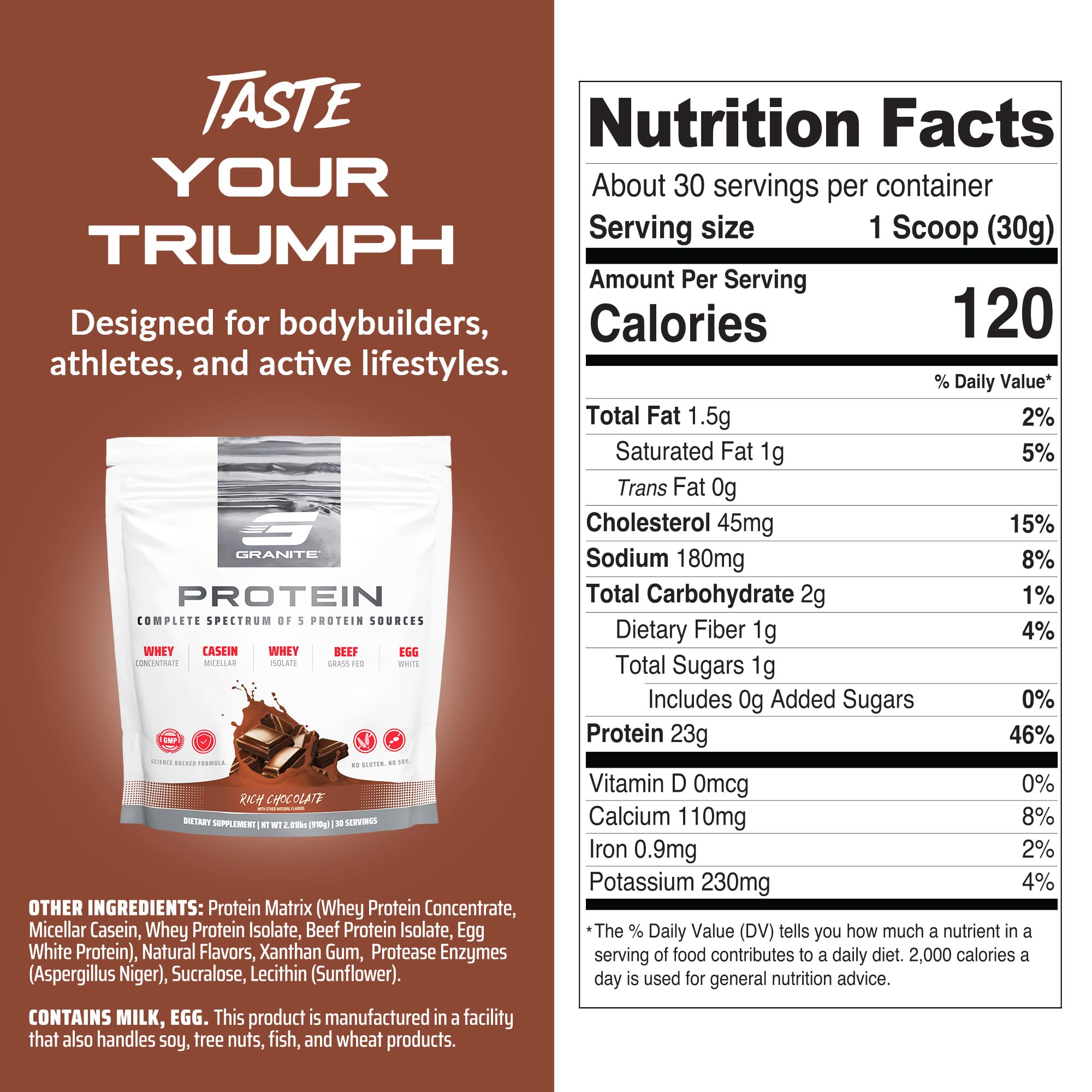 Granite Supplements scoop dispensing action emphasizes quick mix and on-the-go recovery.