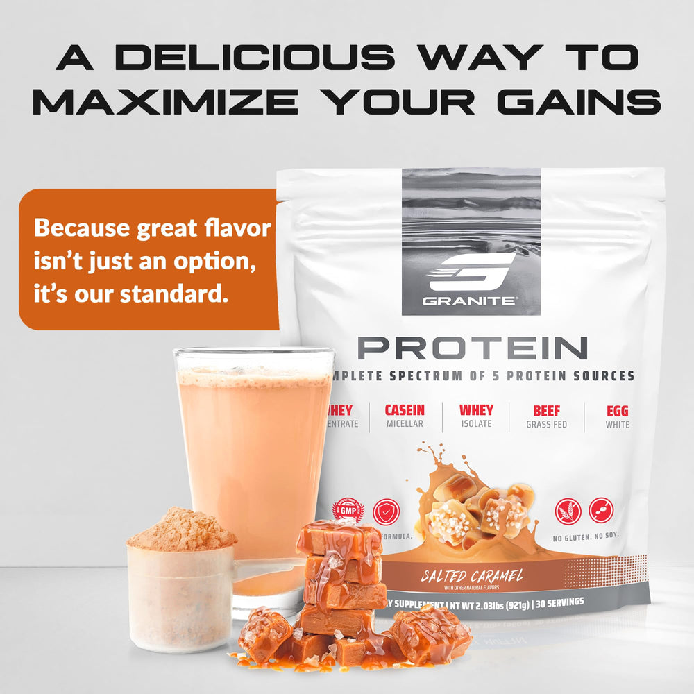 Salted caramel flavor in glass of Granite Nutrition protein shake demonstrating premium taste.
