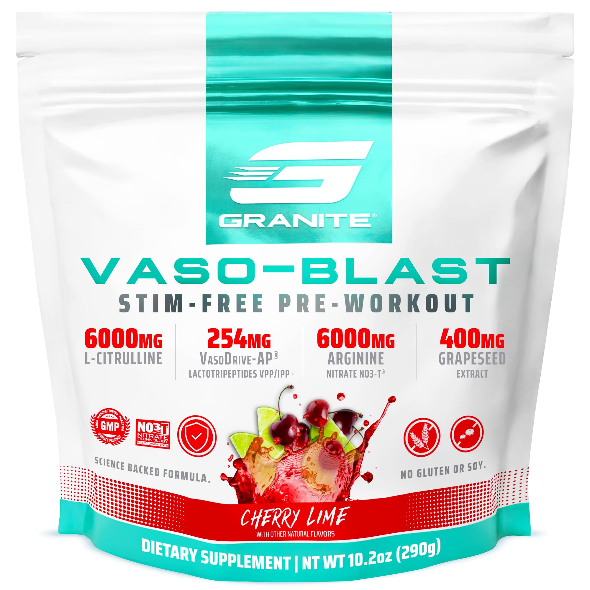 Granite Supplements Vaso Blast bottle with Cherry Lime flavor showing clean, stimulant-free pumps