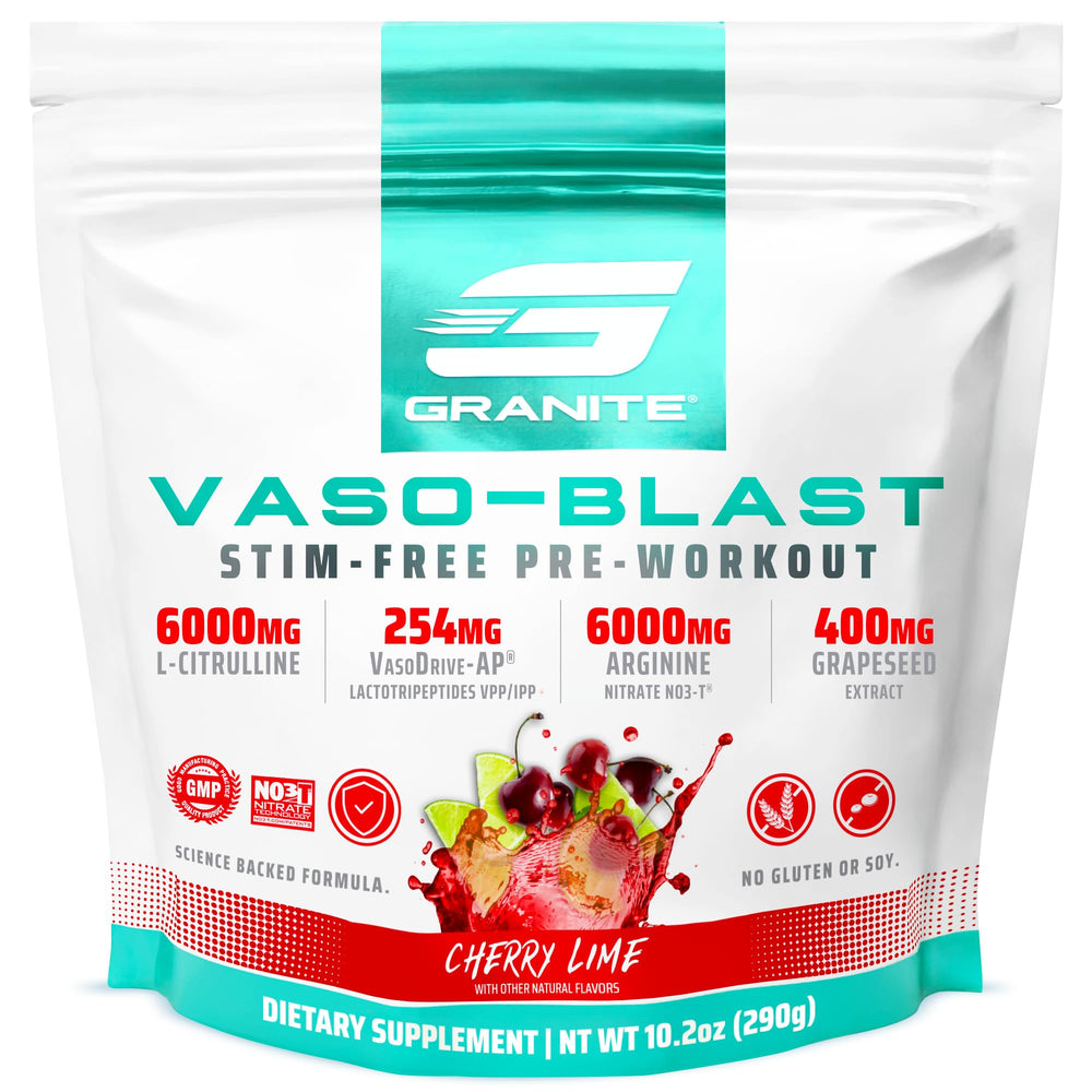 Granite Supplements Vaso Blast bottle with Cherry Lime flavor showing clean, stimulant-free pumps