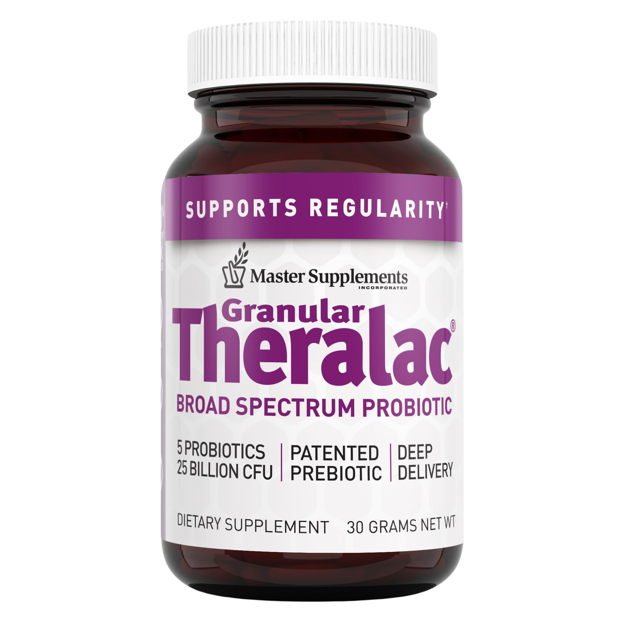 Granular Theralac powder bottle showing multi-strain probiotic formula for gut health.