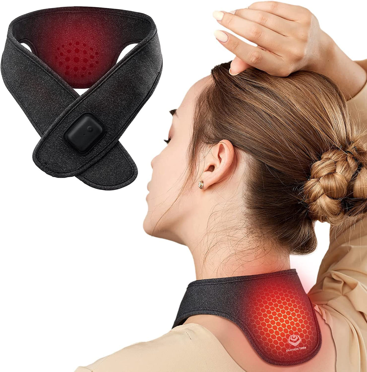 GRAPHENE TIMES wireless neck heating pad charging port demonstrates cordless convenience for travel use