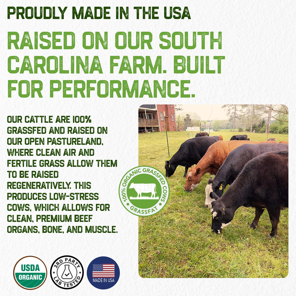 Grassfat Farm beef liver capsules display red, nutrient-dense liver in convenient format.