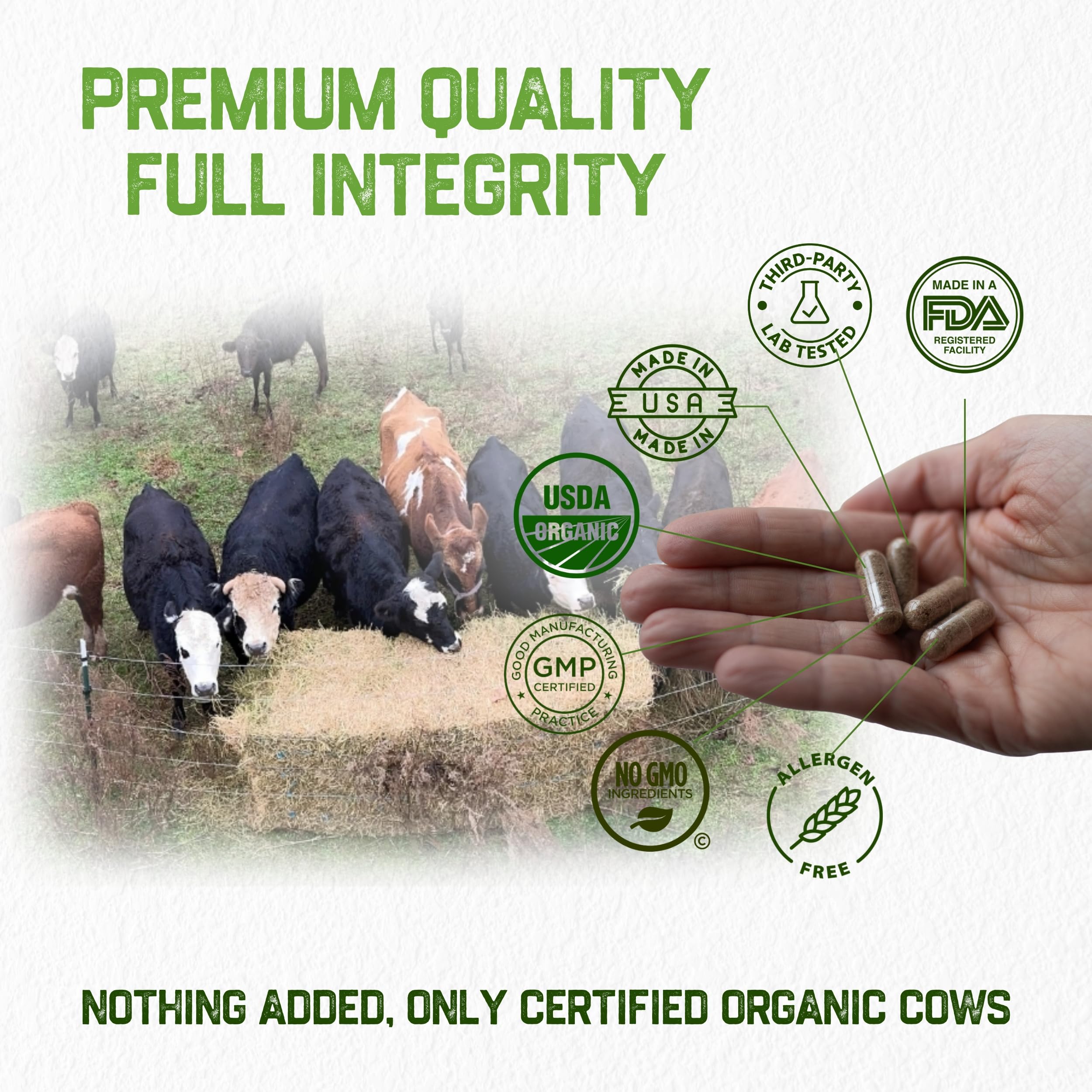 Grassfat Farm capsules close-up showing compact freeze-dried beef organs for daily use.