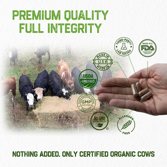 Grassfat Farm capsules close-up showing compact freeze-dried beef organs for daily use.