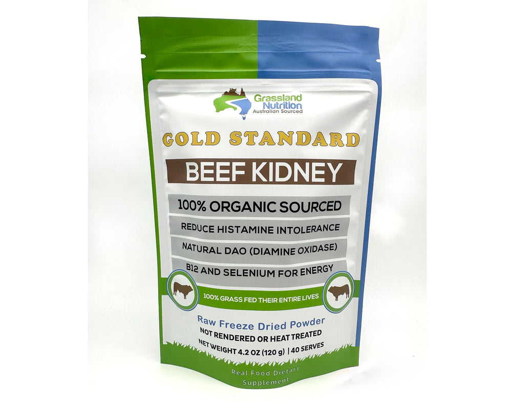 GRASSLAND NUTRITION beef kidney freeze-dried powder boosts B12 and minerals.