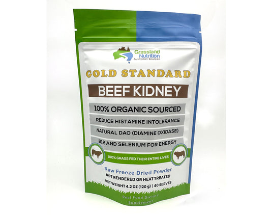 GRASSLAND NUTRITION beef kidney freeze-dried powder boosts B12 and minerals.