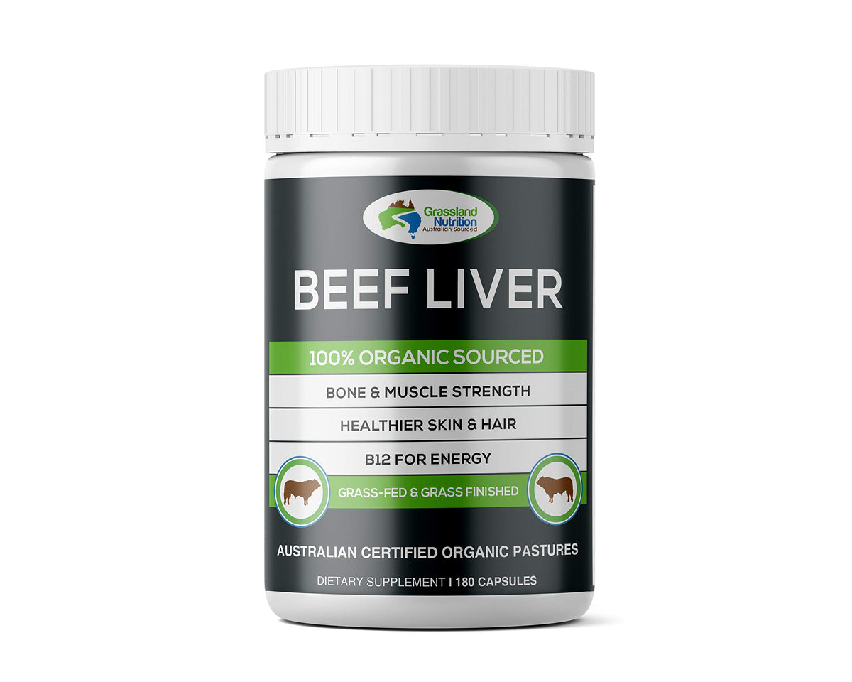 Grassland Nutrition Grass Fed Beef Liver bottle with capsules for daily energy support.