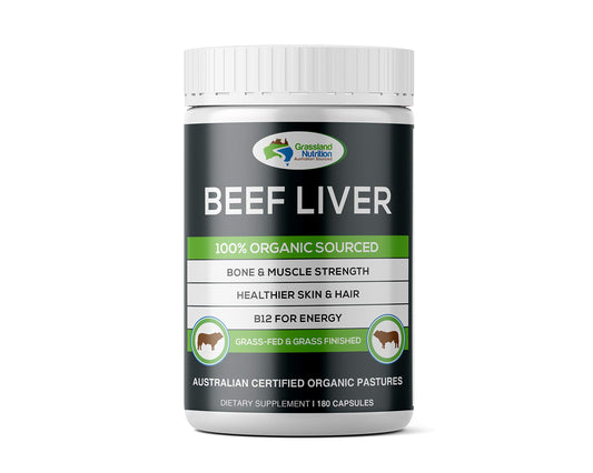 Grassland Nutrition Grass Fed Beef Liver bottle with capsules for daily energy support.
