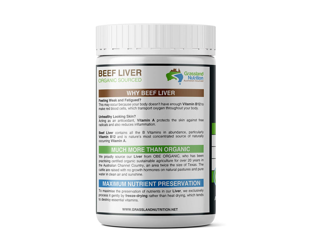 Grassland Nutrition label highlights grass-fed beef liver ingredients for a nutrient-dense supplement.