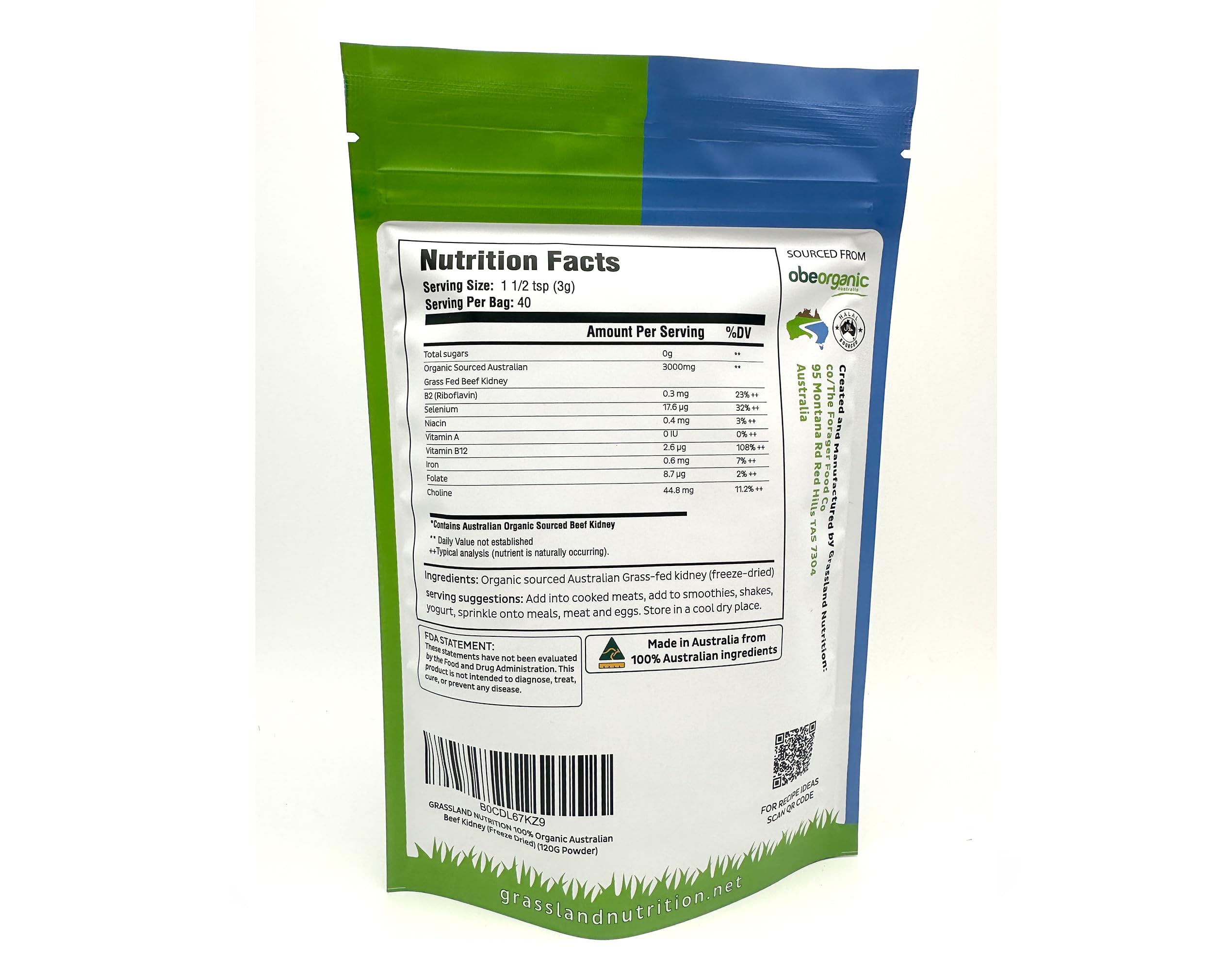 GRASSLAND NUTRITION organic beef kidney packaging shows halal sourced, premium quality.