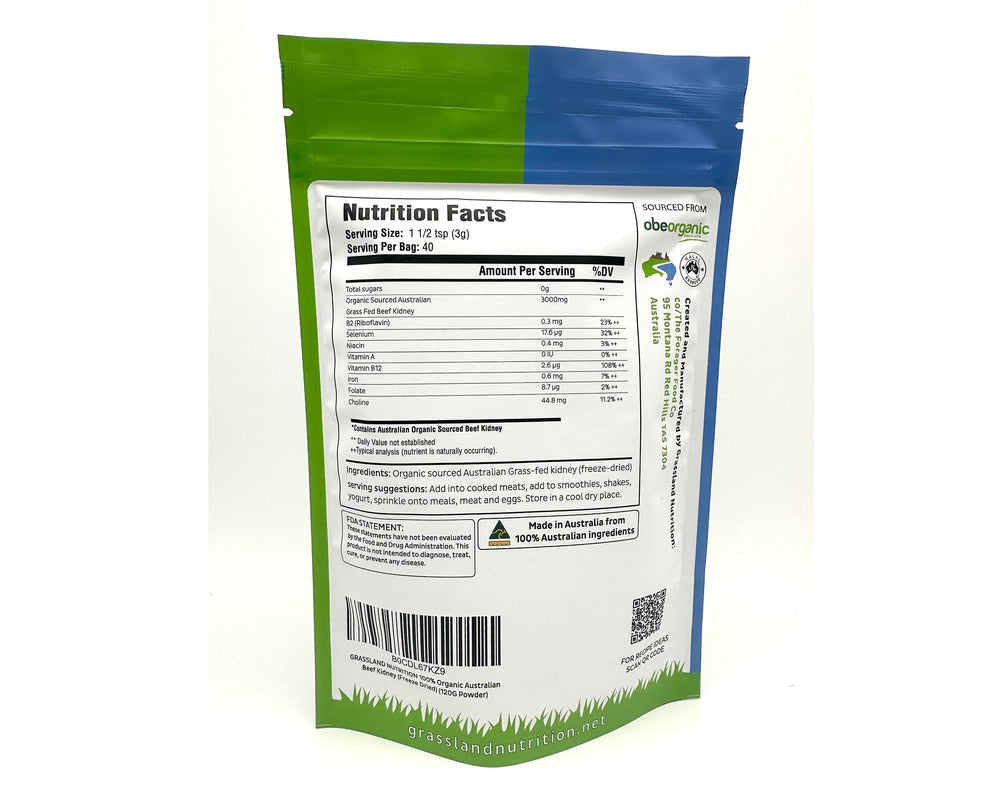 GRASSLAND NUTRITION organic beef kidney packaging shows halal sourced, premium quality.